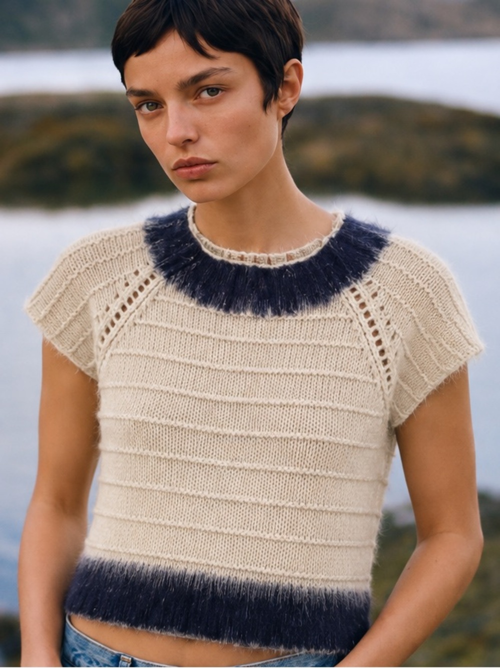 Field Flower for Anthropologie Cream & Navy Knit Sweater XS